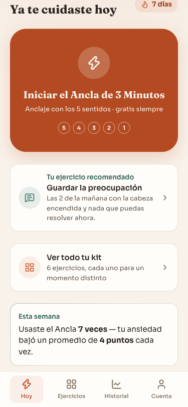 Pantalla Hoy de MenteFit con el botón del Ancla de 3 Minutos y la racha