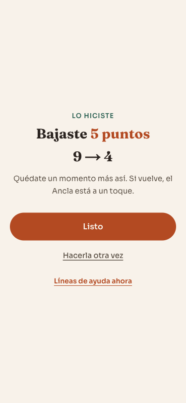 Resultado del Ancla: la ansiedad bajó 5 puntos, de 9 a 4